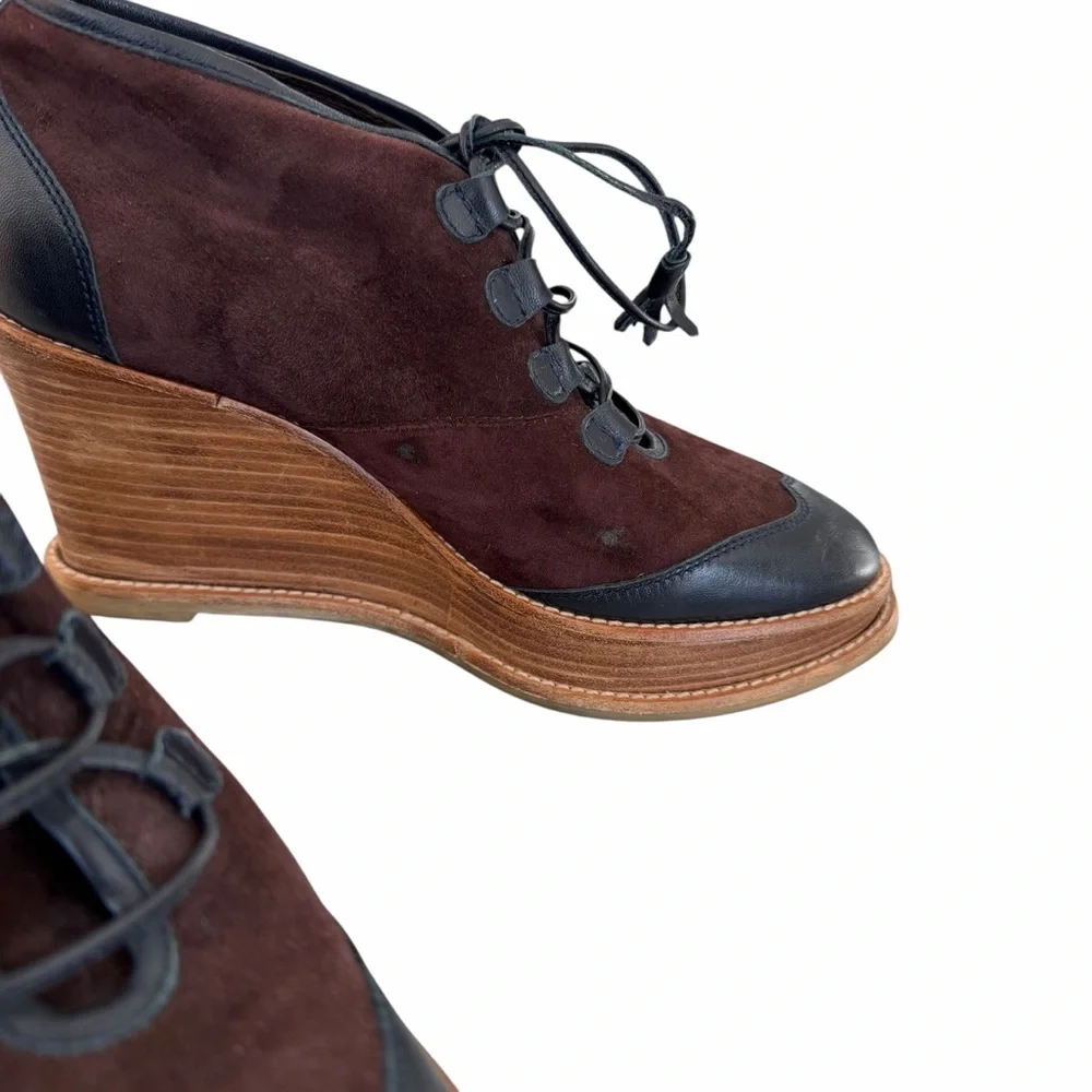 Comptoir des Cotonniers Navy Leather Brown Suede Fringe Lace Up Ankle Boots